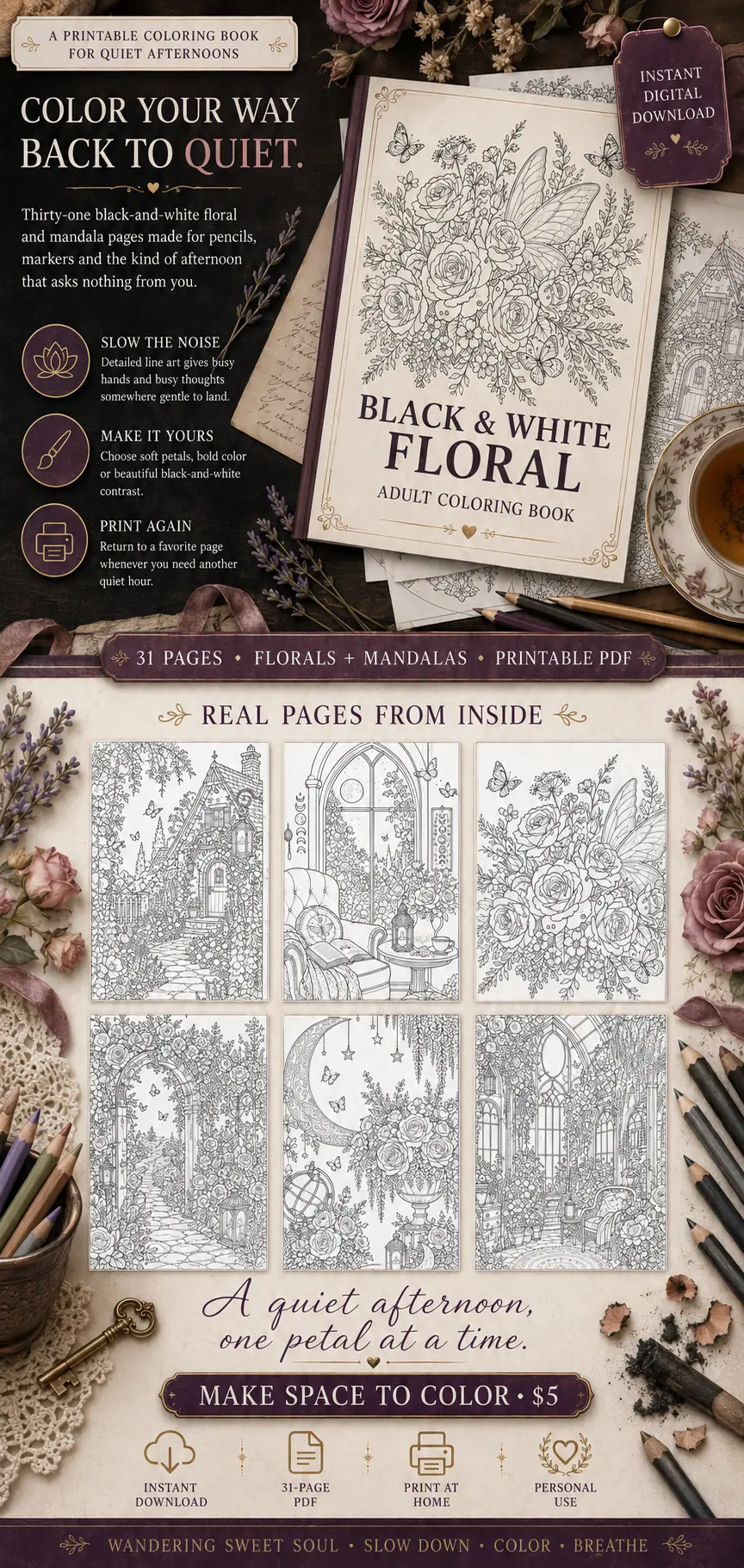 Black & White Floral Adult Coloring Book